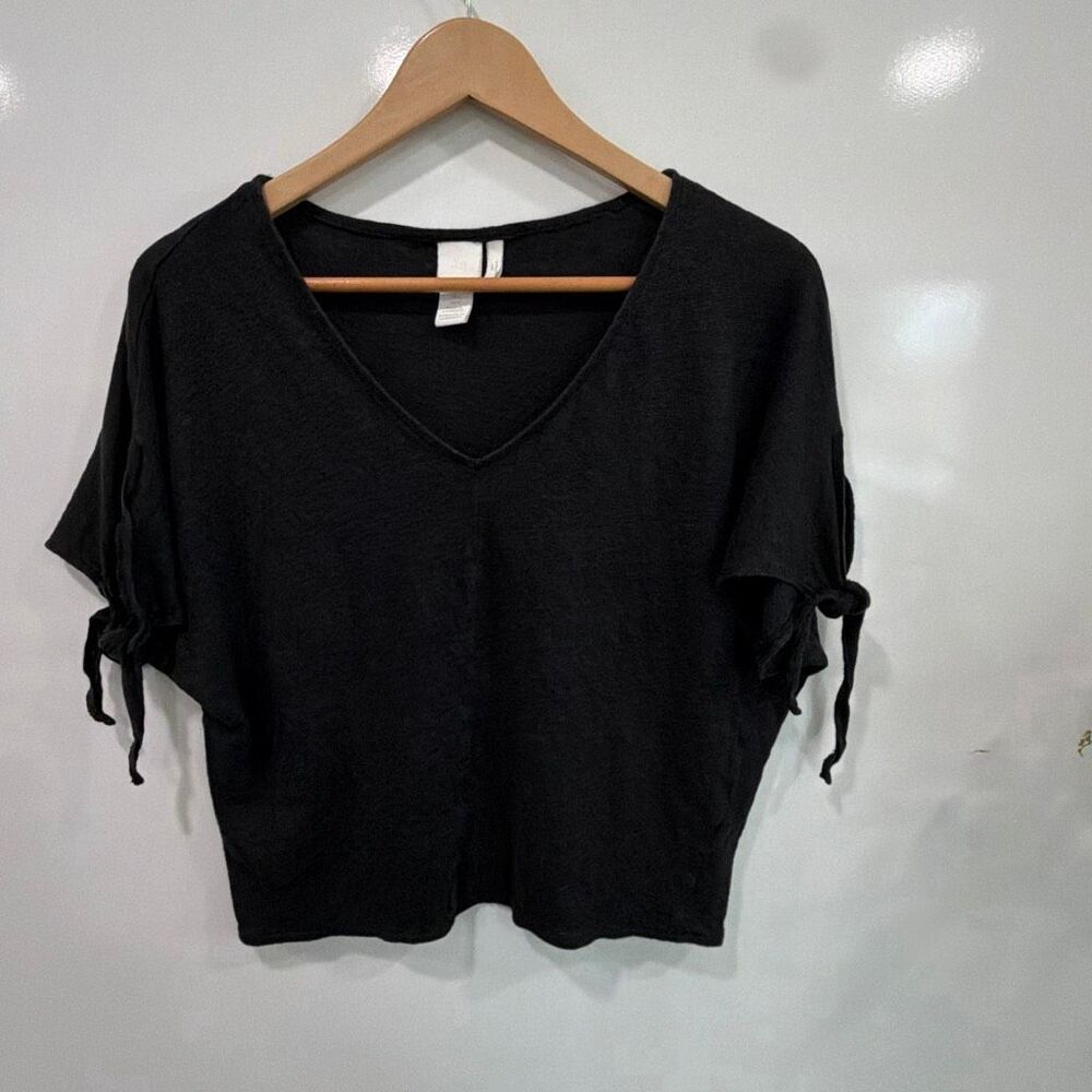 H&M Linen Crop Top Black V Neck Cinch Sleeve‎ S